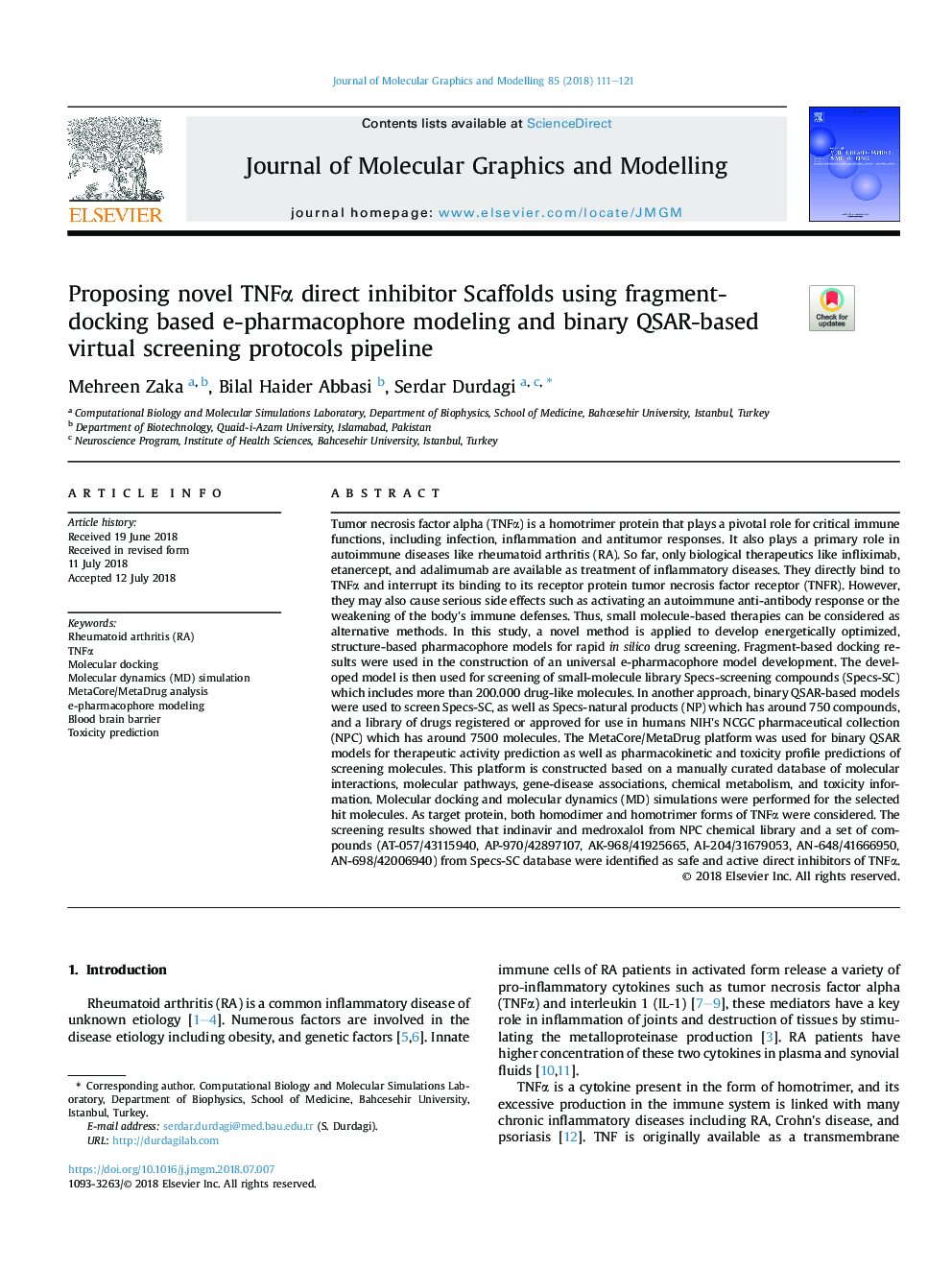 Proposing novel TNFÎ± direct inhibitor Scaffolds using fragment-docking based e-pharmacophore modeling and binary QSAR-based virtual screening protocols pipeline
