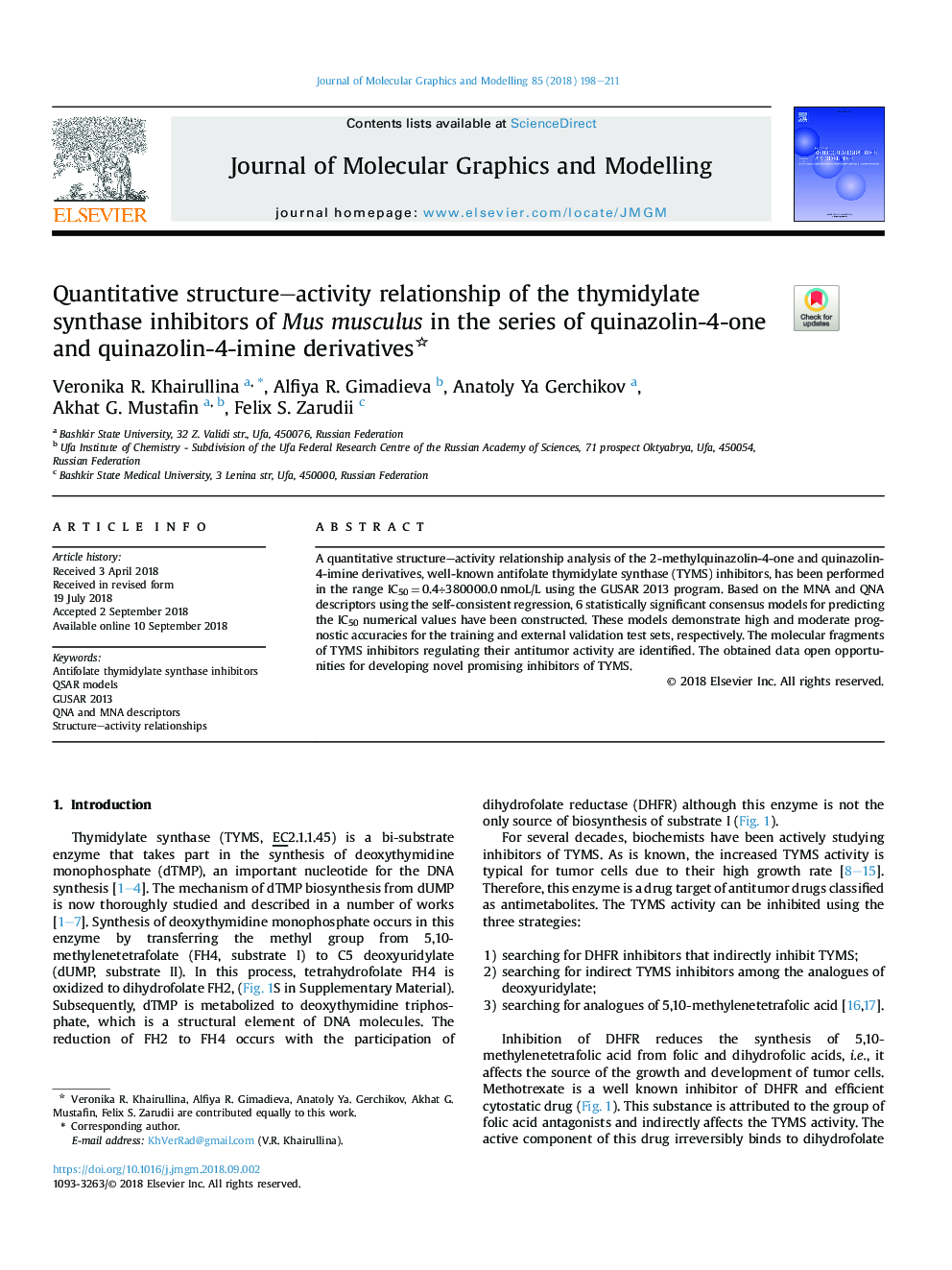 Quantitative structure-activity relationship of the thymidylate synthase inhibitors of Mus musculus in the series of quinazolin-4-one and quinazolin-4-imine derivatives