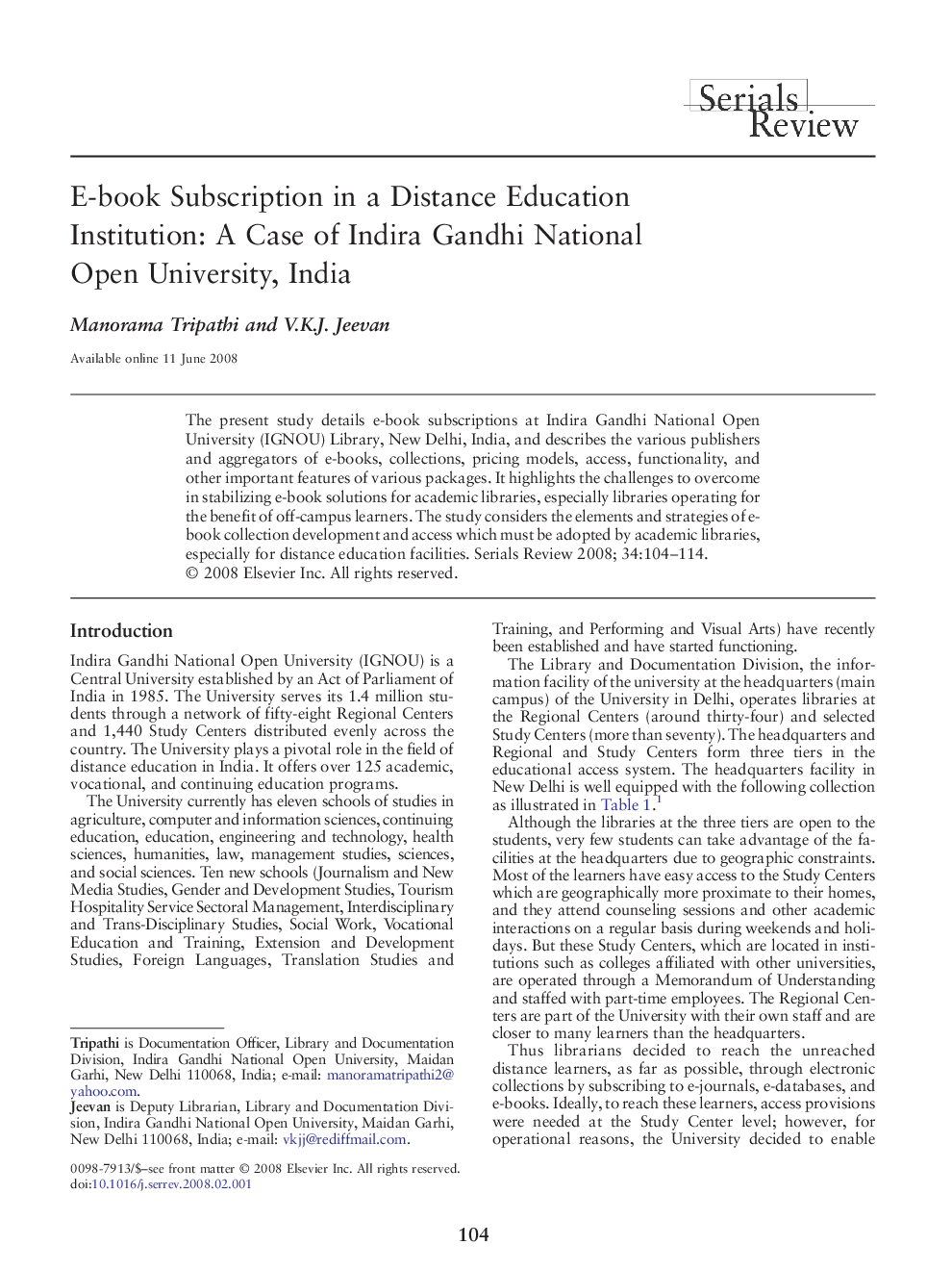 E-book Subscription in a Distance Education Institution: A Case of Indira Gandhi National Open University, India