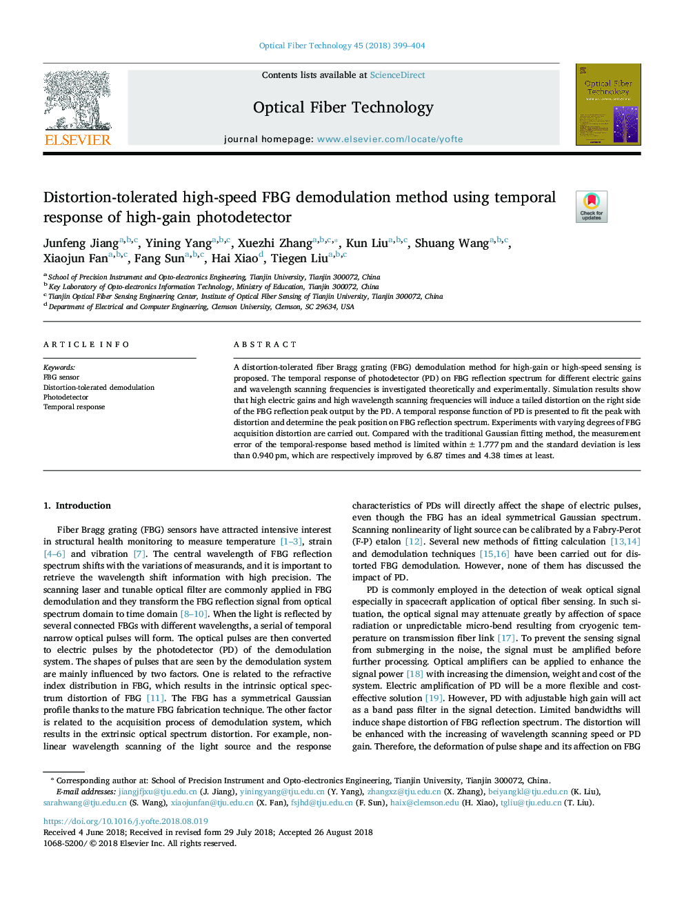 Distortion-tolerated high-speed FBG demodulation method using temporal response of high-gain photodetector