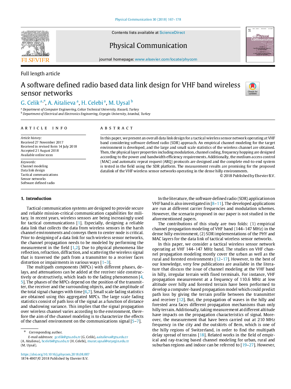 A software defined radio based data link design for VHF band wireless sensor networks