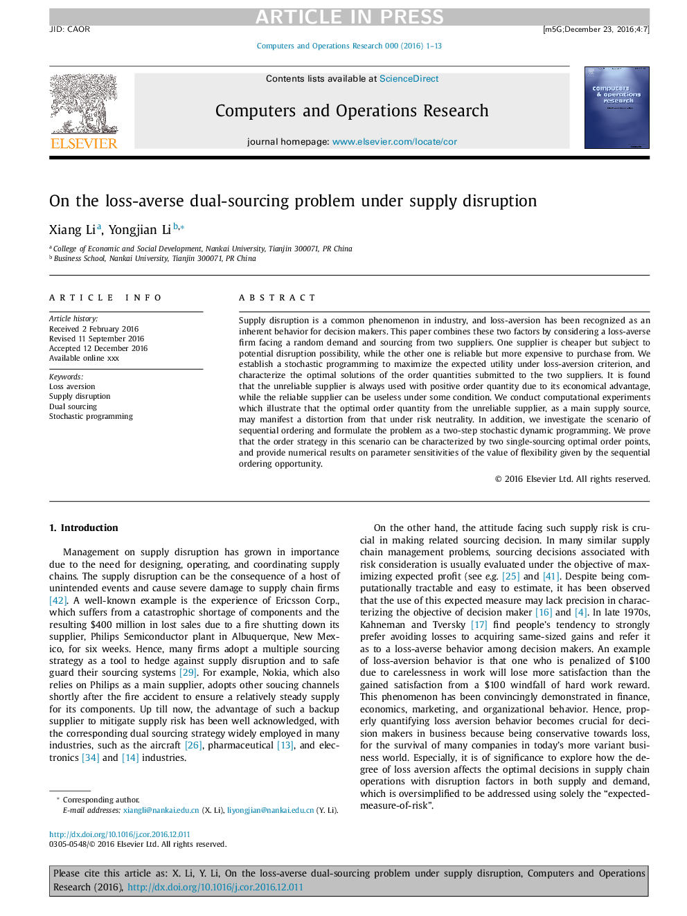 On the loss-averse dual-sourcing problem under supply disruption