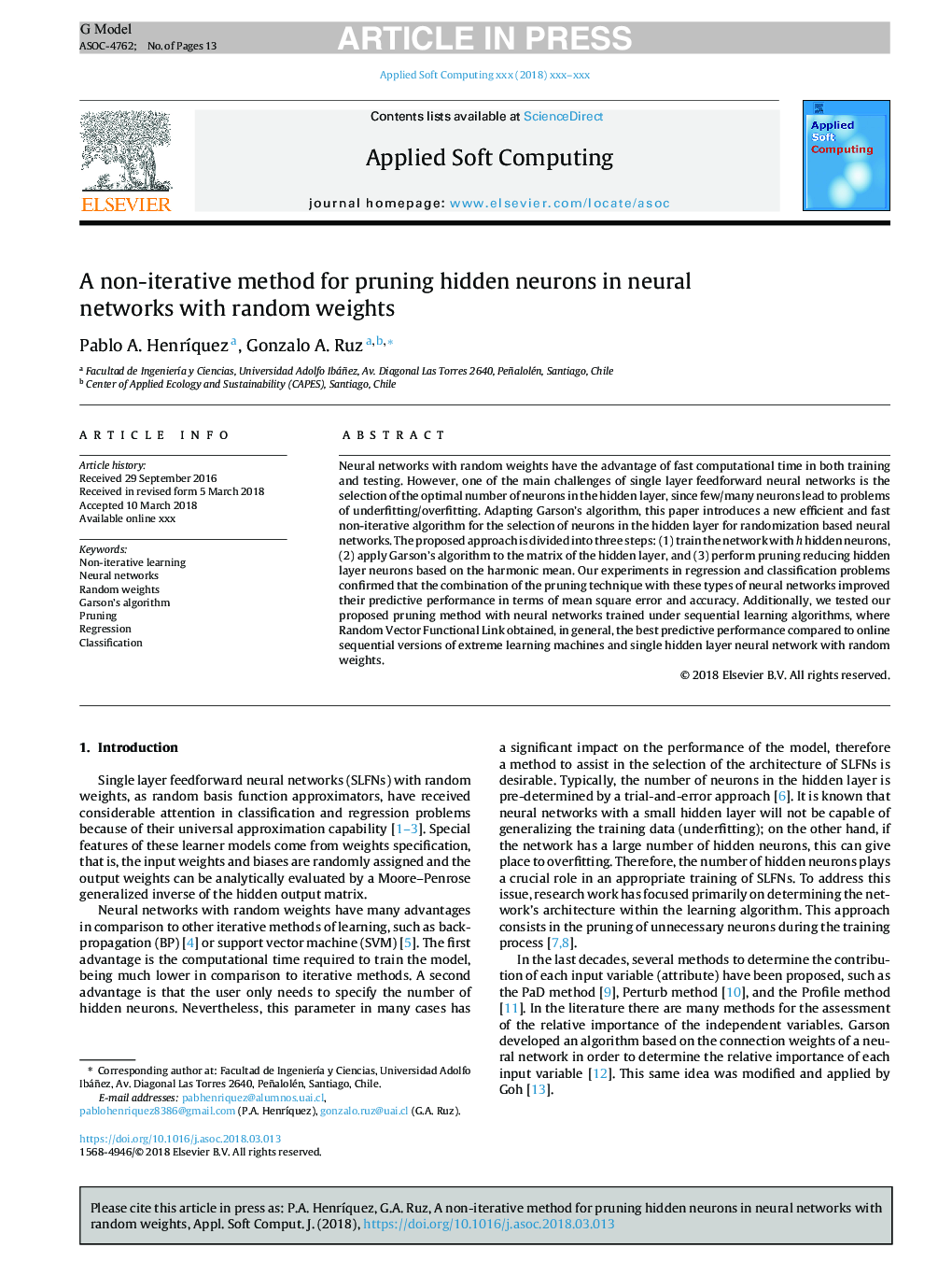 A non-iterative method for pruning hidden neurons in neural networks with random weights