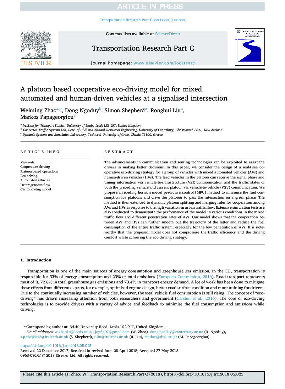 A platoon based cooperative eco-driving model for mixed automated and human-driven vehicles at a signalised intersection