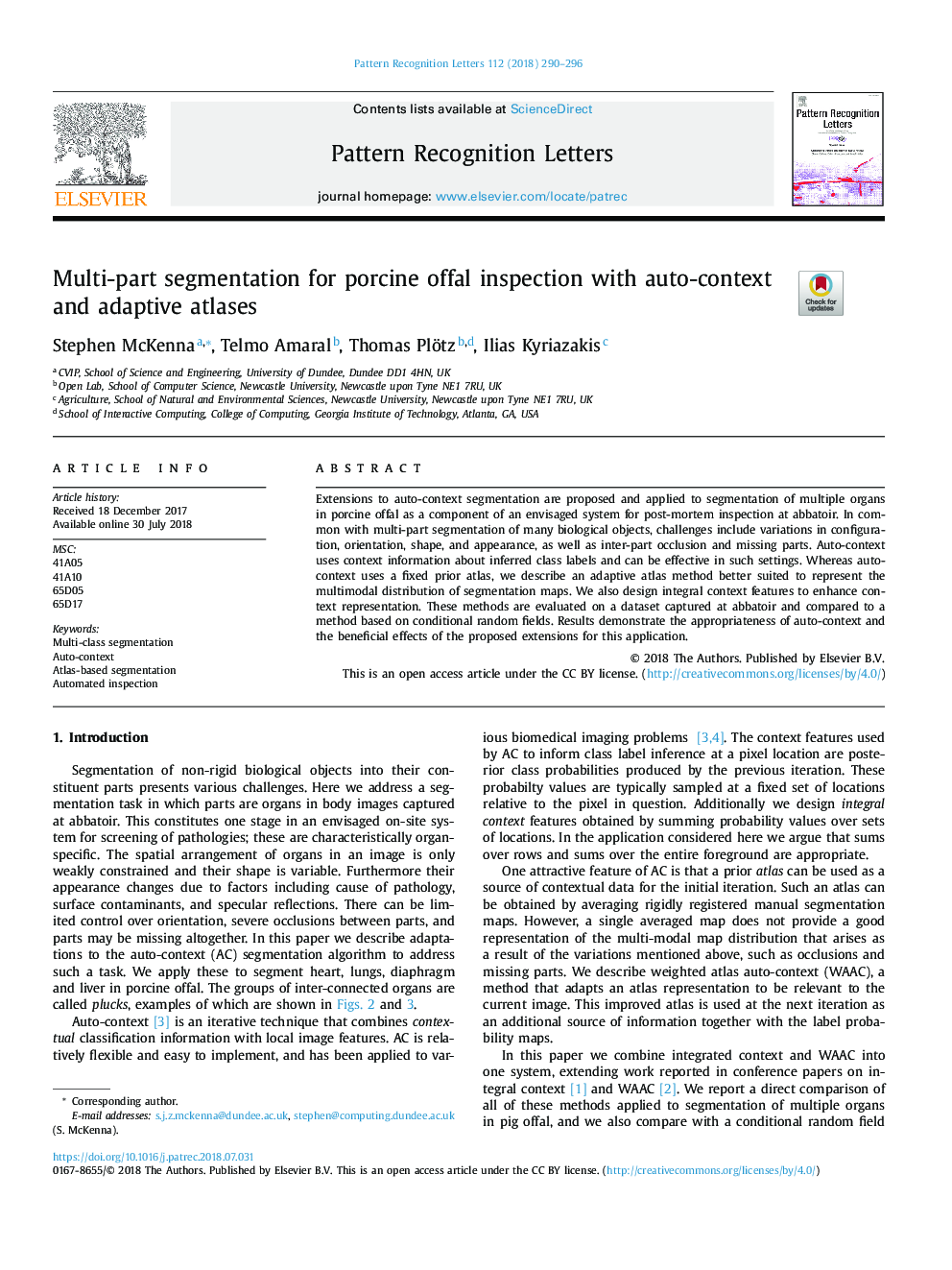 Multi-part segmentation for porcine offal inspection with auto-context and adaptive atlases