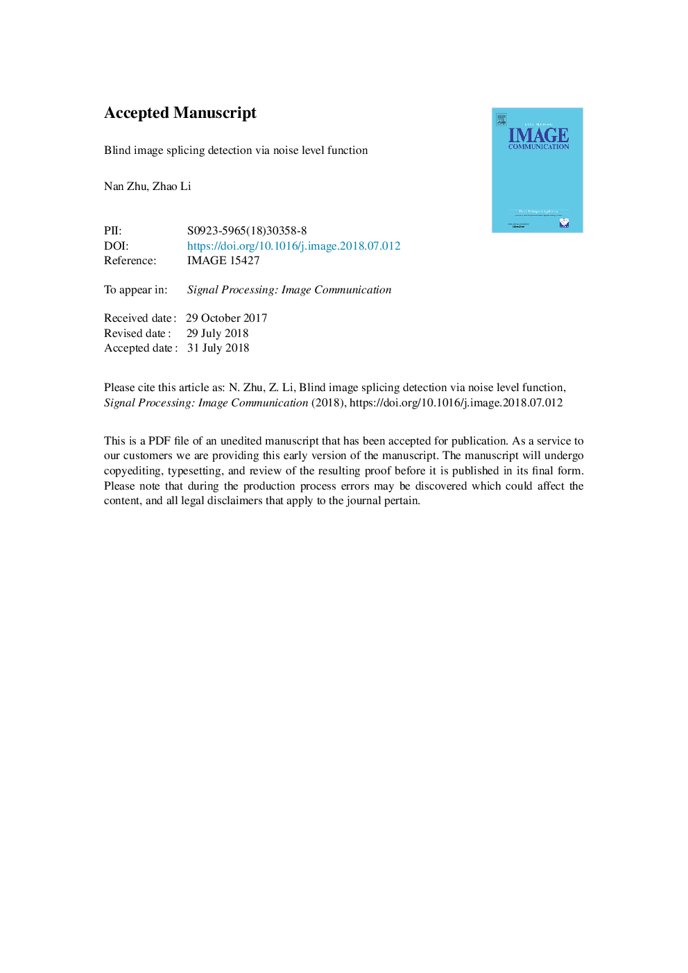 Blind image splicing detection via noise level function