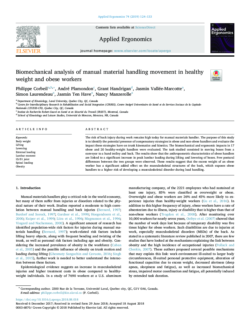 Biomechanical analysis of manual material handling movement in healthy weight and obese workers