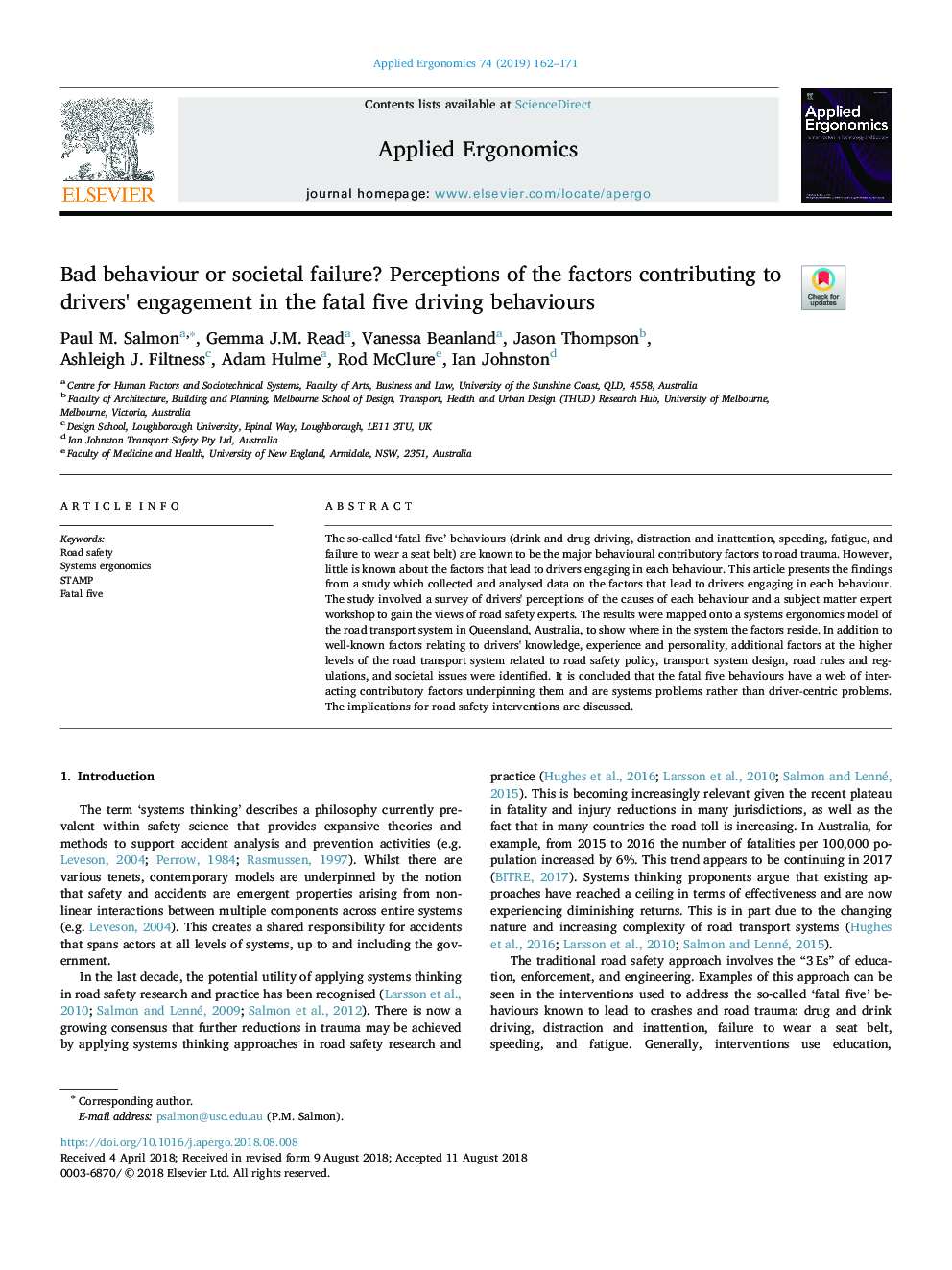 Bad behaviour or societal failure? Perceptions of the factors contributing to drivers' engagement in the fatal five driving behaviours