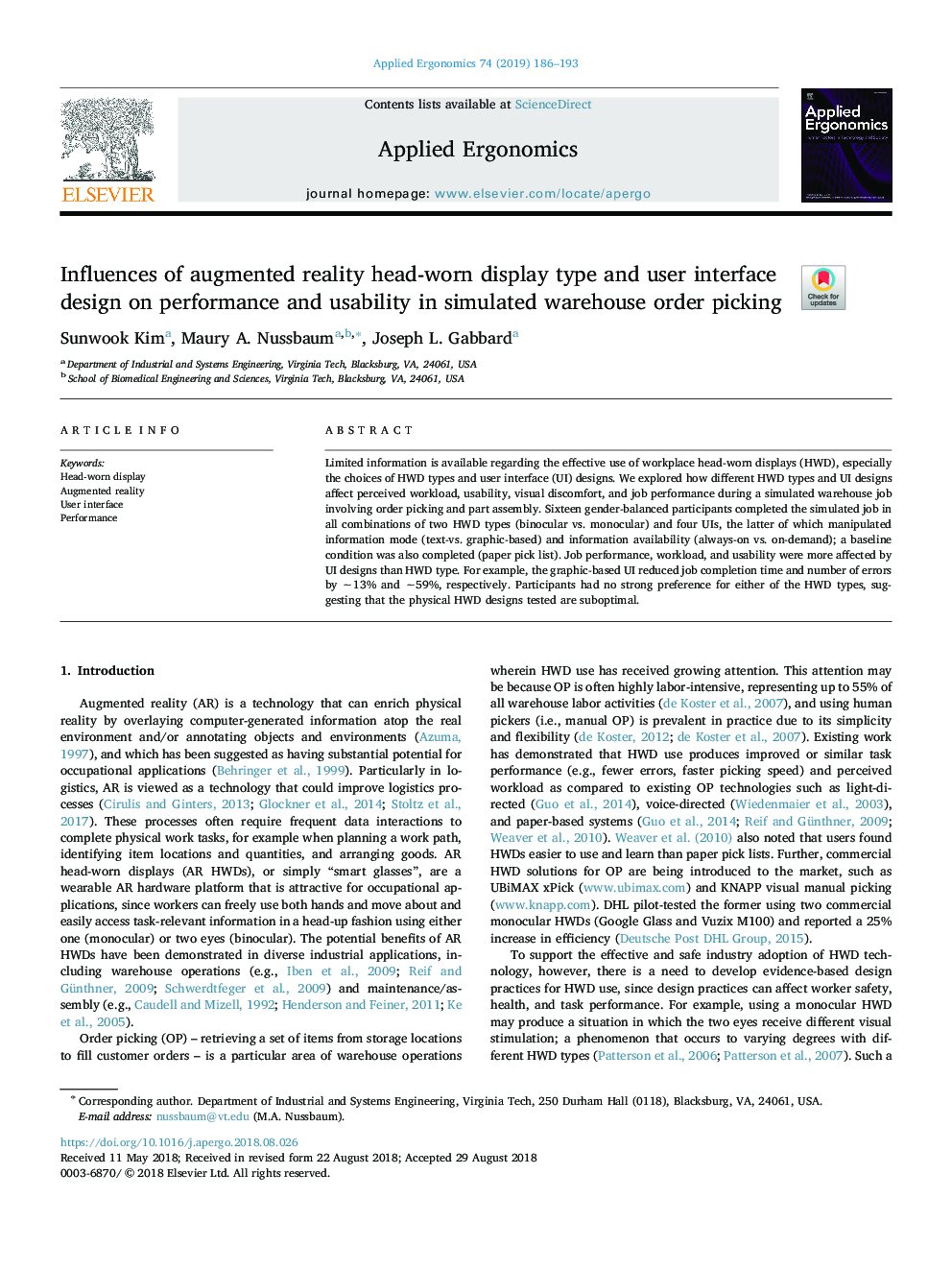 Influences of augmented reality head-worn display type and user interface design on performance and usability in simulated warehouse order picking