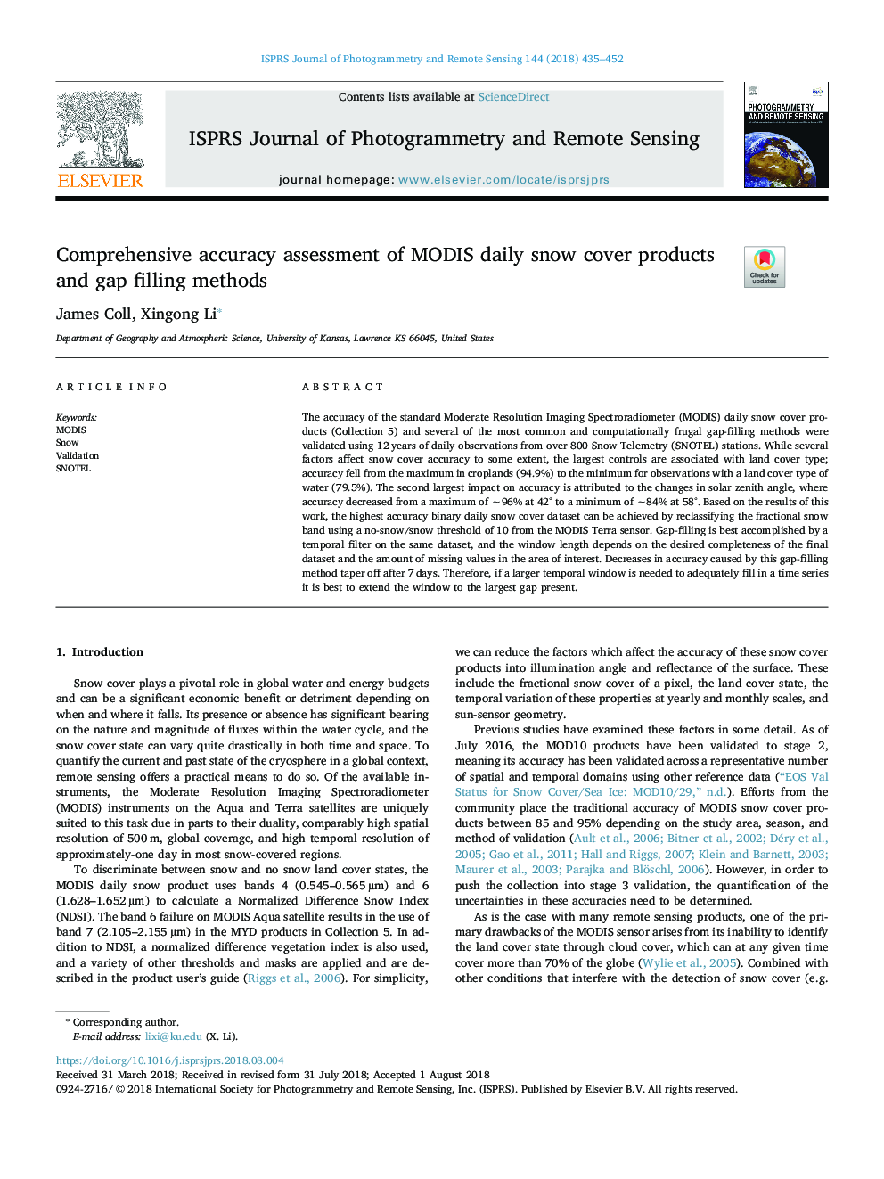 Comprehensive accuracy assessment of MODIS daily snow cover products and gap filling methods