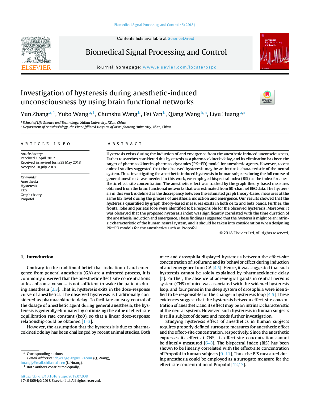 Investigation of hysteresis during anesthetic-induced unconsciousness by using brain functional networks