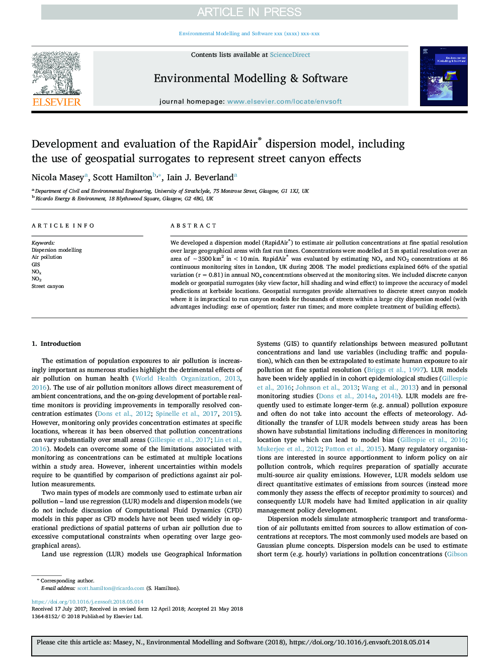 Development and evaluation of the RapidAir® dispersion model, including the use of geospatial surrogates to represent street canyon effects