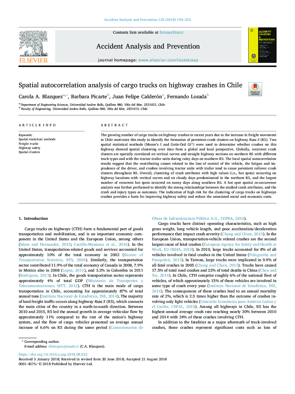 Spatial autocorrelation analysis of cargo trucks on highway crashes in Chile