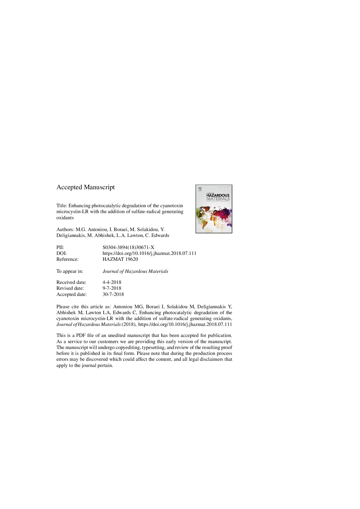 Enhancing photocatalytic degradation of the cyanotoxin microcystin-LR with the addition of sulfate-radical generating oxidants