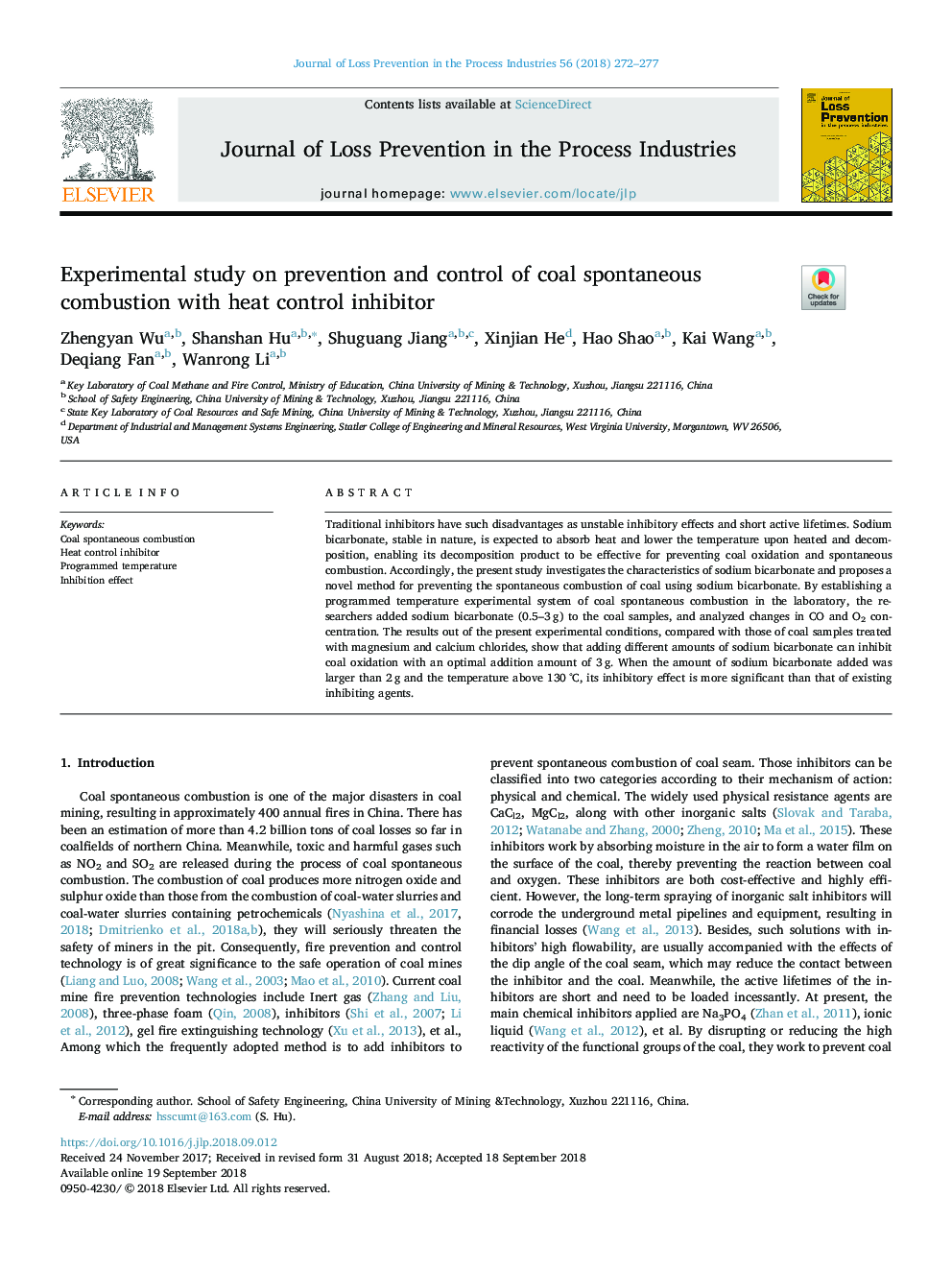 Experimental study on prevention and control of coal spontaneous combustion with heat control inhibitor