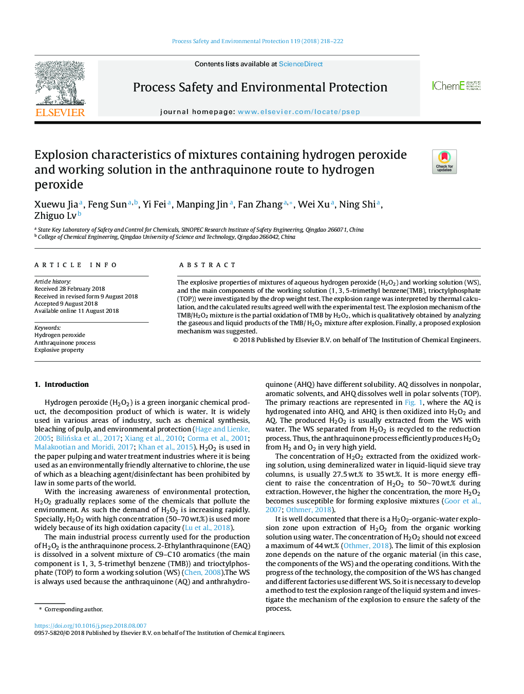 Explosion characteristics of mixtures containing hydrogen peroxide and working solution in the anthraquinone route to hydrogen peroxide