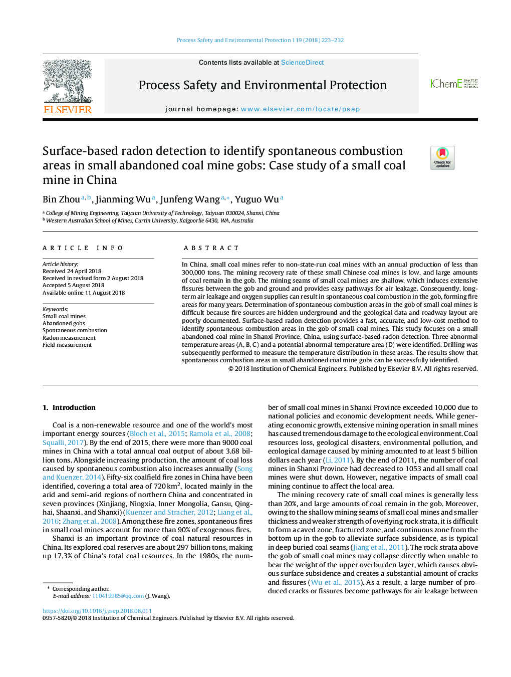 تشخیص رادون مبتنی بر سطح برای شناسایی مناطق احتراق خود به خودی در معادن ذغال سنگ کوچک رها شده: مطالعه موردی از معادن زغال سنگ کوچک در چین