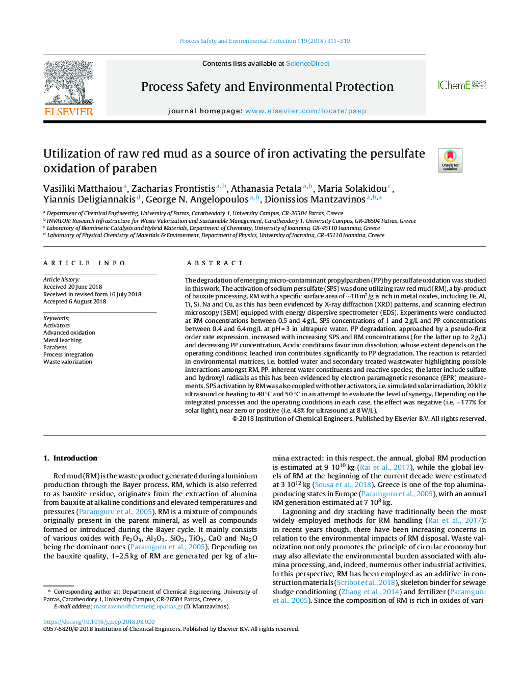 Utilization of raw red mud as a source of iron activating the persulfate oxidation of paraben