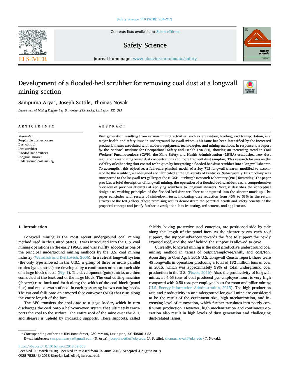 Development of a flooded-bed scrubber for removing coal dust at a longwall mining section