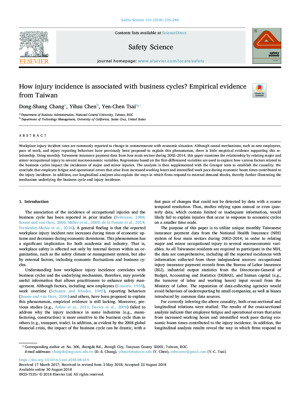 How injury incidence is associated with business cycles? Empirical evidence from Taiwan