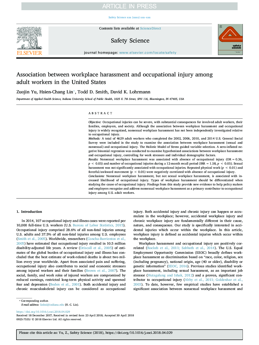 Association between workplace harassment and occupational injury among adult workers in the United States