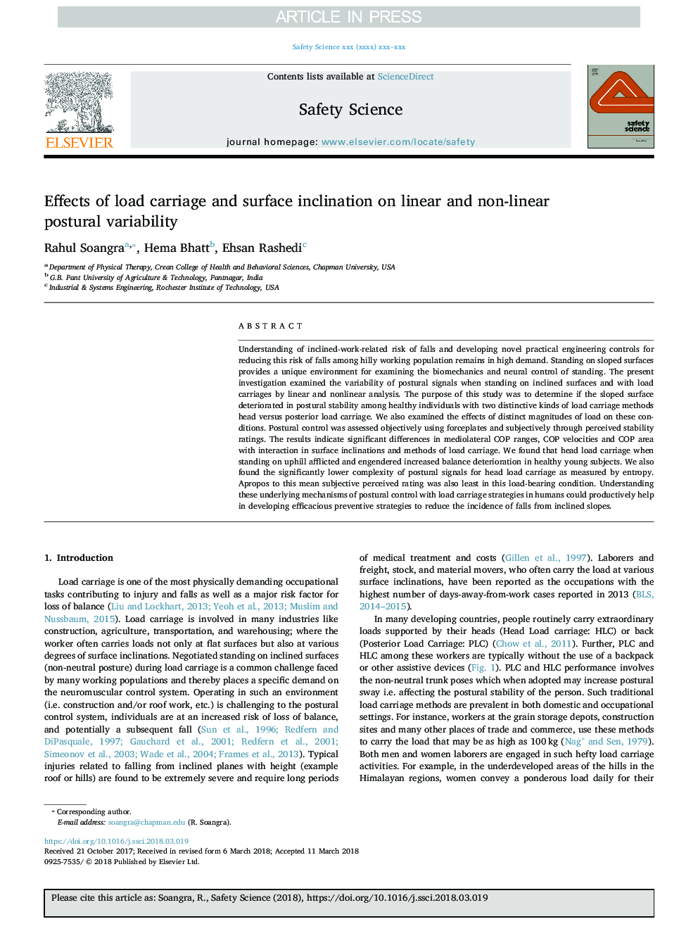 Effects of load carriage and surface inclination on linear and non-linear postural variability