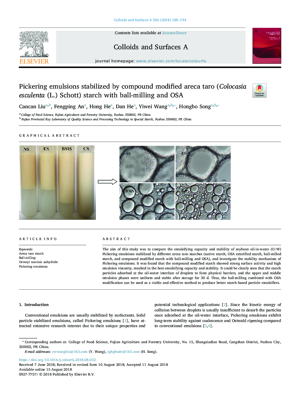 Pickering emulsions stabilized by compound modified areca taro (Colocasia esculenta (L.) Schott) starch with ball-milling and OSA