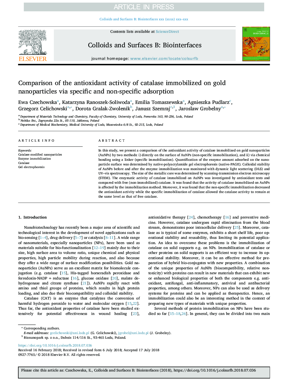 مقایسه فعالیت آنتی اکسیدانی کاتالاز بر روی نانوذرات طلا با استفاده از جذب خاص و غیر اختصاصی