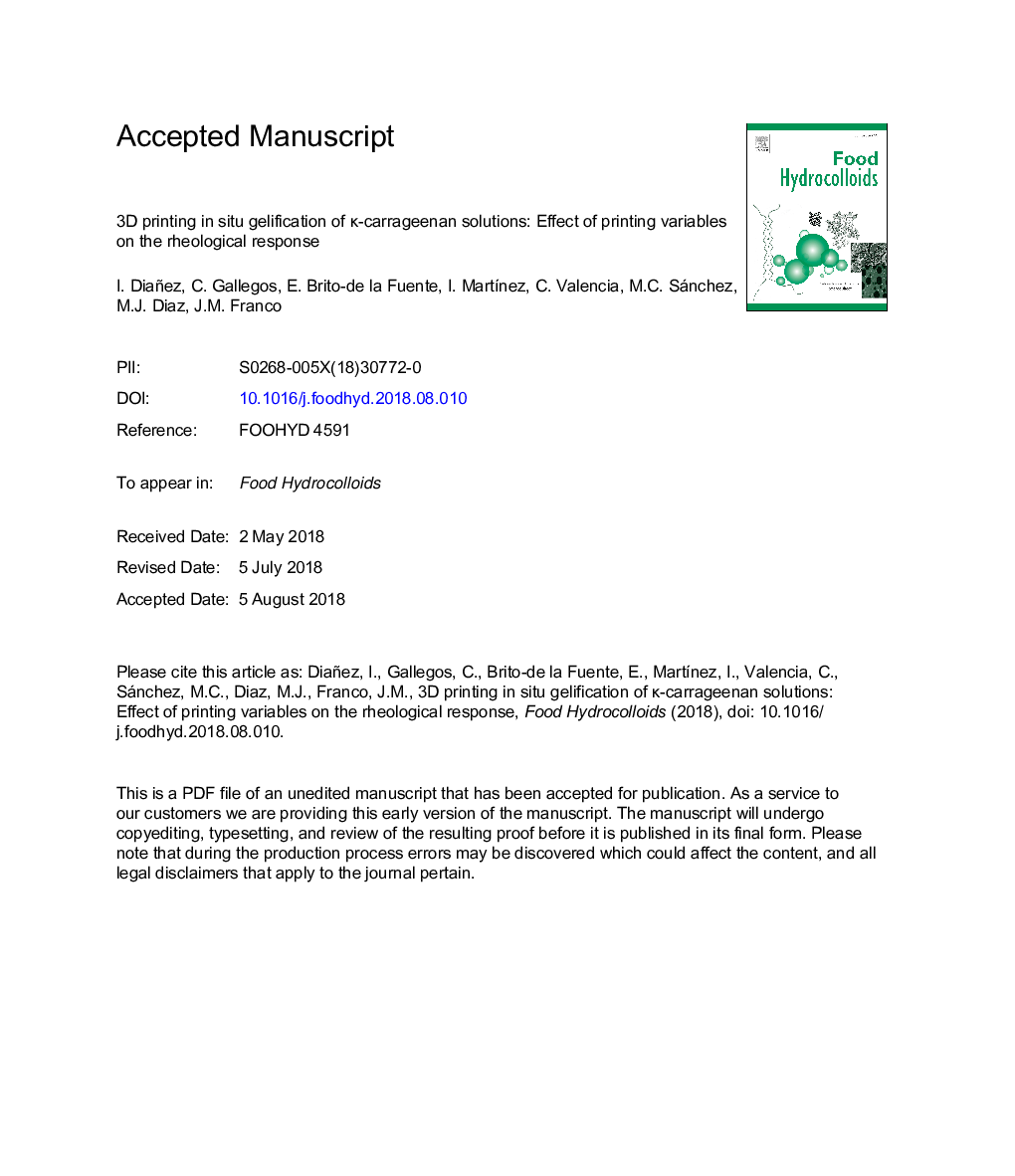 عکس صفحه اول مقاله: 3D printing in situ gelification of κ-carrageenan solutions: Effect of printing variables on the rheological response 3D printing in situ gelification of κ-carrageenan solutions: Effect of printing variables on the rheological response