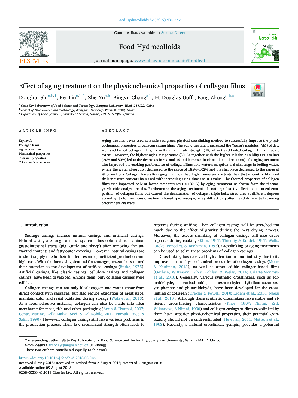 Effect of aging treatment on the physicochemical properties of collagen films