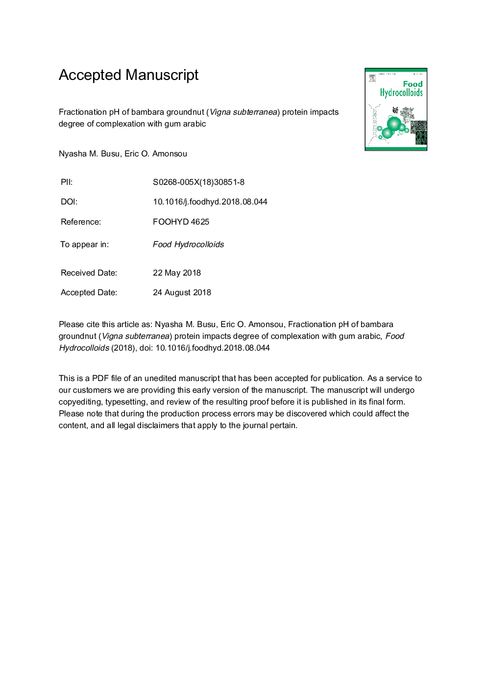 Fractionation pH of bambara groundnut (Vigna subterranea) protein impacts the degree of complexation with gum arabic