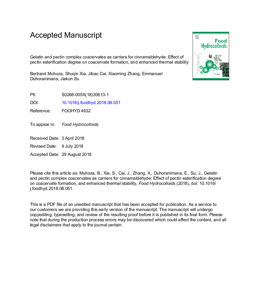 Gelatin and pectin complex coacervates as carriers for cinnamaldehyde: Effect of pectin esterification degree on coacervate formation, and enhanced thermal stability