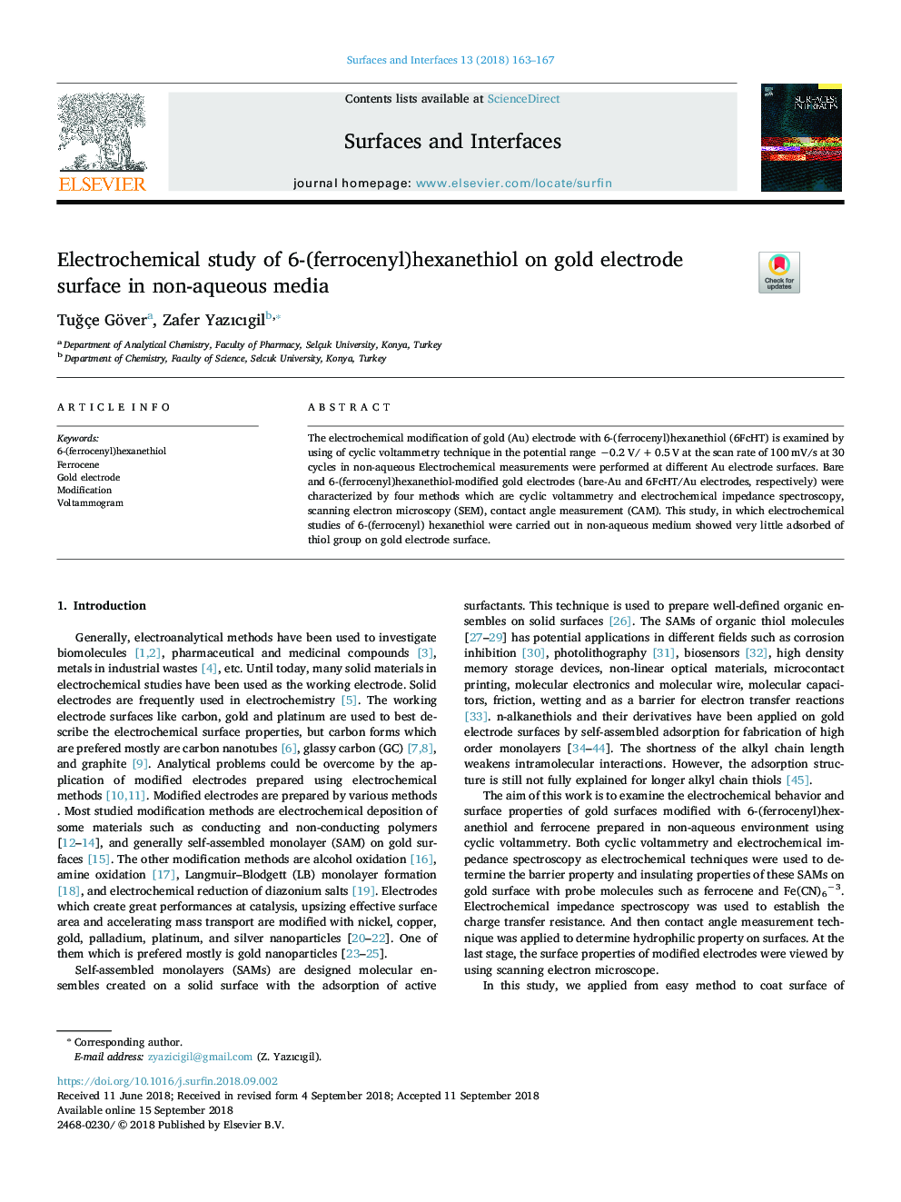عکس صفحه اول مقاله: Electrochemical study of 6-(ferrocenyl)hexanethiol on gold electrode surface in non-aqueous media Electrochemical study of 6-(ferrocenyl)hexanethiol on gold electrode surface in non-aqueous media