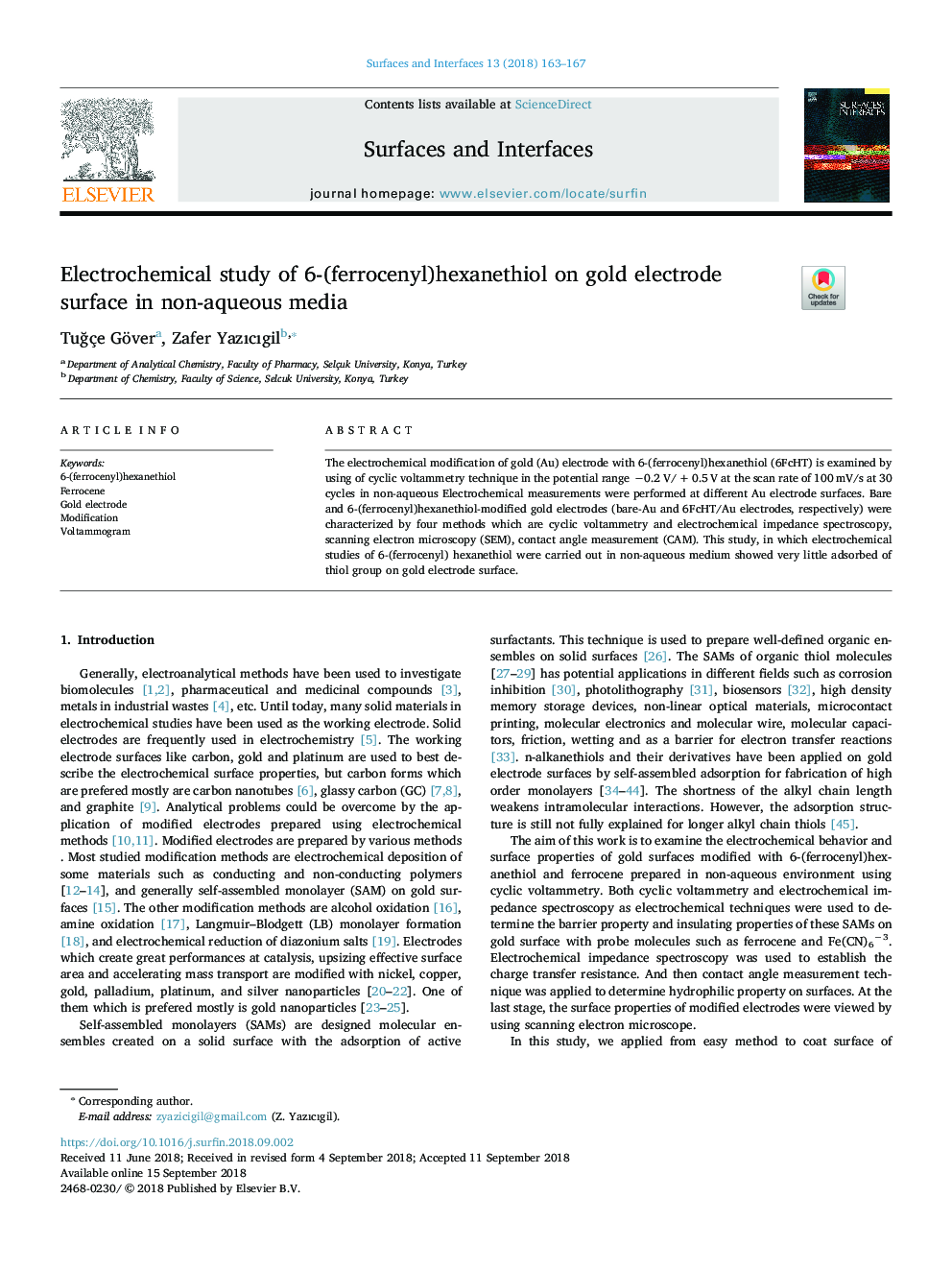 Electrochemical study of 6-(ferrocenyl)hexanethiol on gold electrode surface in non-aqueous media