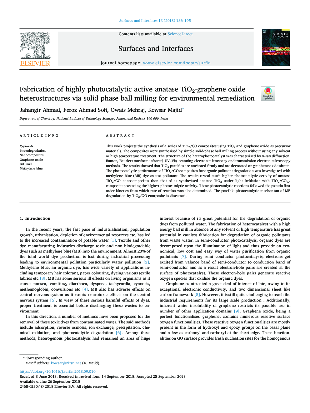 Fabrication of highly photocatalytic active anatase TiO2-graphene oxide heterostructures via solid phase ball milling for environmental remediation