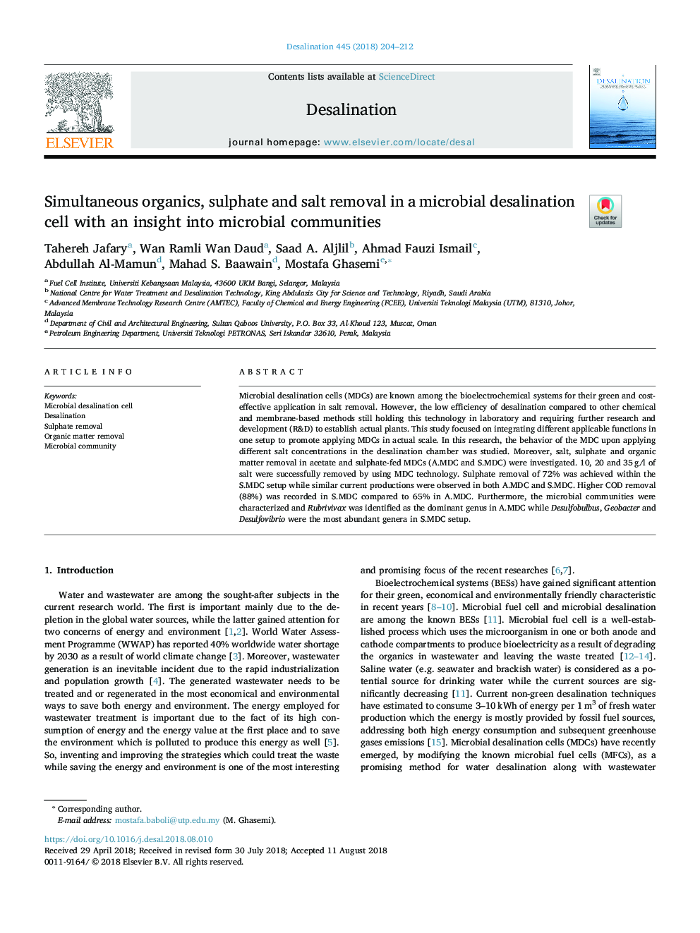 Simultaneous organics, sulphate and salt removal in a microbial desalination cell with an insight into microbial communities