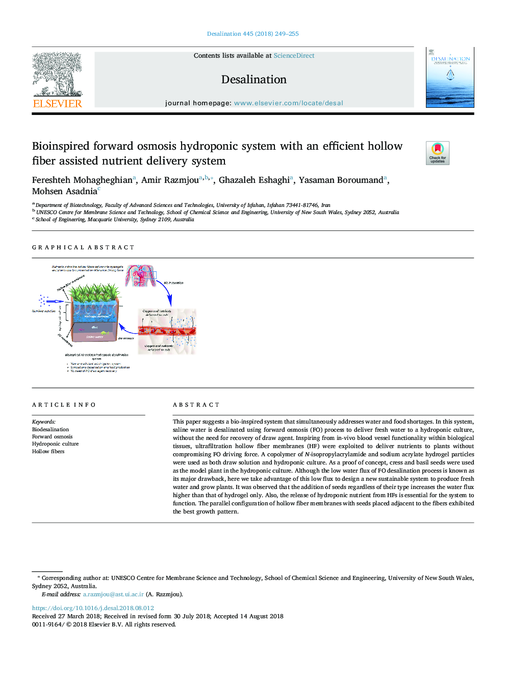 Bioinspired forward osmosis hydroponic system with an efficient hollow fiber assisted nutrient delivery system