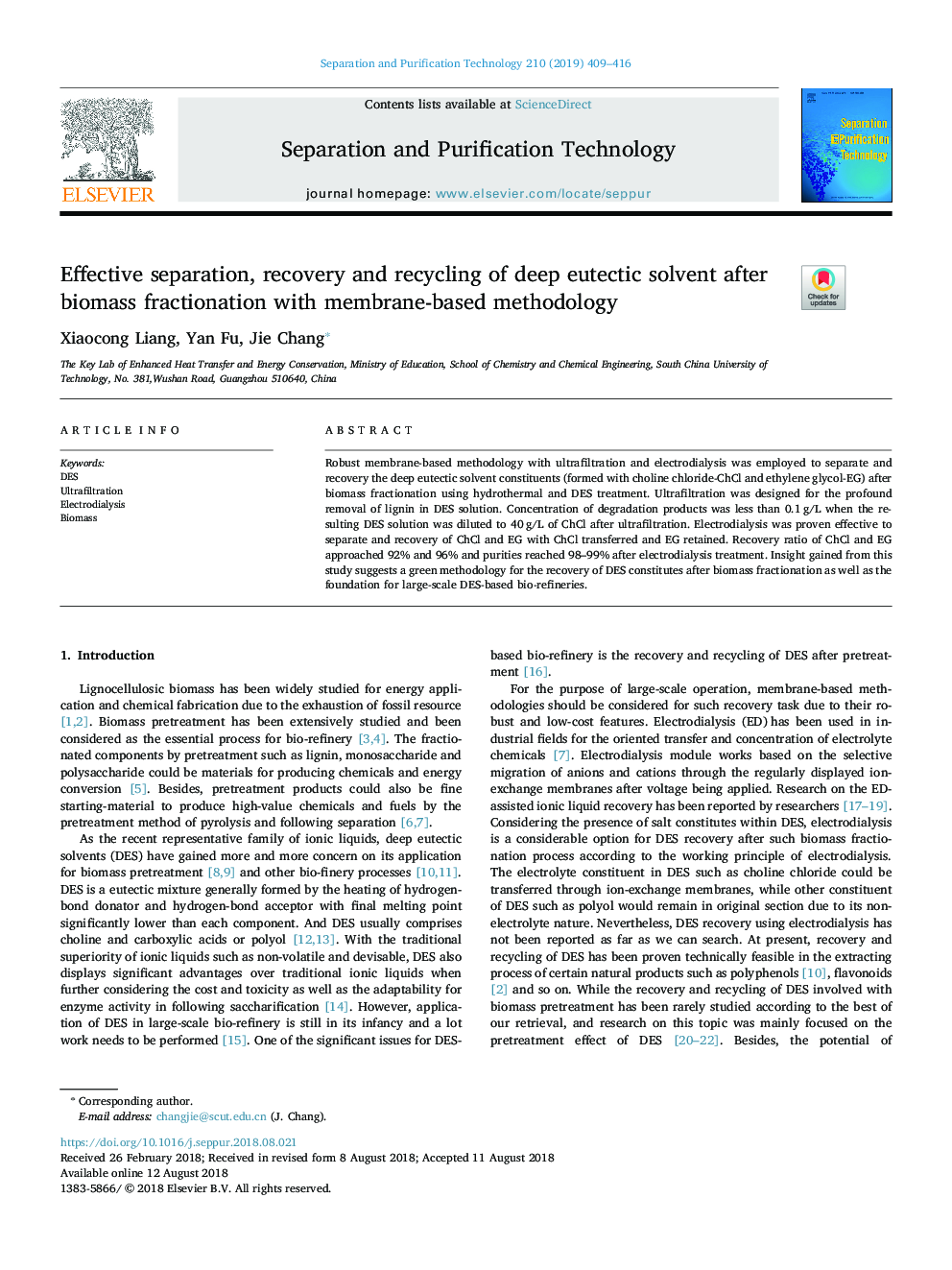 Effective separation, recovery and recycling of deep eutectic solvent after biomass fractionation with membrane-based methodology