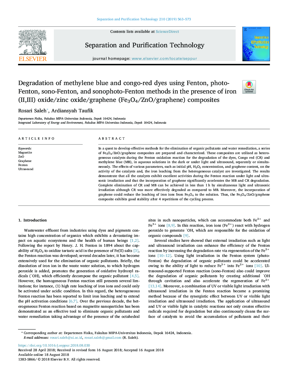 عکس صفحه اول مقاله: Degradation of methylene blue and congo-red dyes using Fenton, photo-Fenton, sono-Fenton, and sonophoto-Fenton methods in the presence of iron(II,III) oxide/zinc oxide/graphene (Fe3O4/ZnO/graphene) composites Degradation of methylene blue and congo-red dyes using Fenton, photo-Fenton, sono-Fenton, and sonophoto-Fenton methods in the presence of iron(II,III) oxide/zinc oxide/graphene (Fe3O4/ZnO/graphene) composites