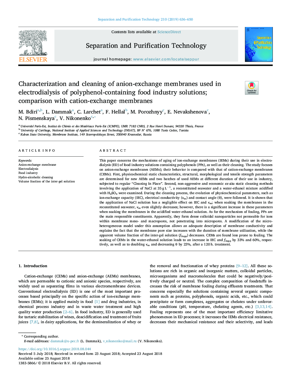 Characterization and cleaning of anion-exchange membranes used in electrodialysis of polyphenol-containing food industry solutions; comparison with cation-exchange membranes