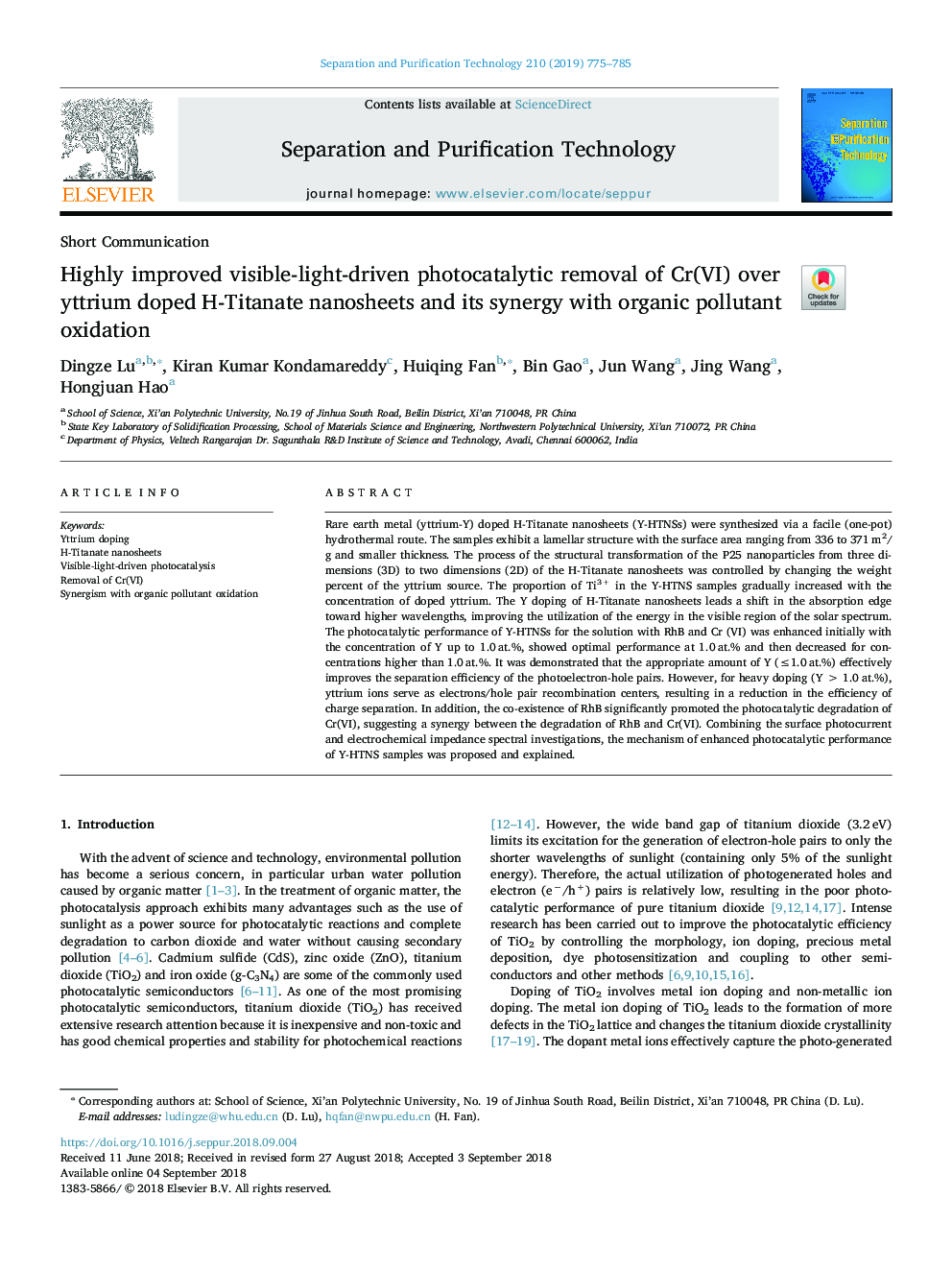 Highly improved visible-light-driven photocatalytic removal of Cr(VI) over yttrium doped H-Titanate nanosheets and its synergy with organic pollutant oxidation