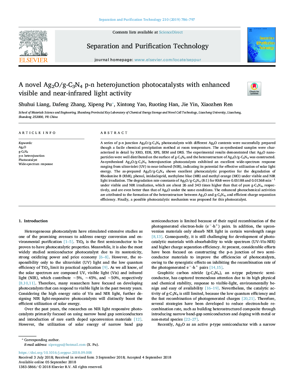 A novel Ag2O/g-C3N4 p-n heterojunction photocatalysts with enhanced visible and near-infrared light activity