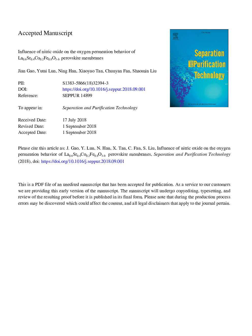 Influence of nitric oxide on the oxygen permeation behavior of La0.6Sr0.4Co0.2Fe0.8O3âÎ´ perovskite membranes