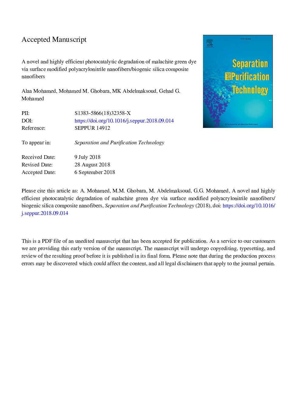 A novel and highly efficient photocatalytic degradation of malachite green dye via surface modified polyacrylonitrile nanofibers/biogenic silica composite nanofibers