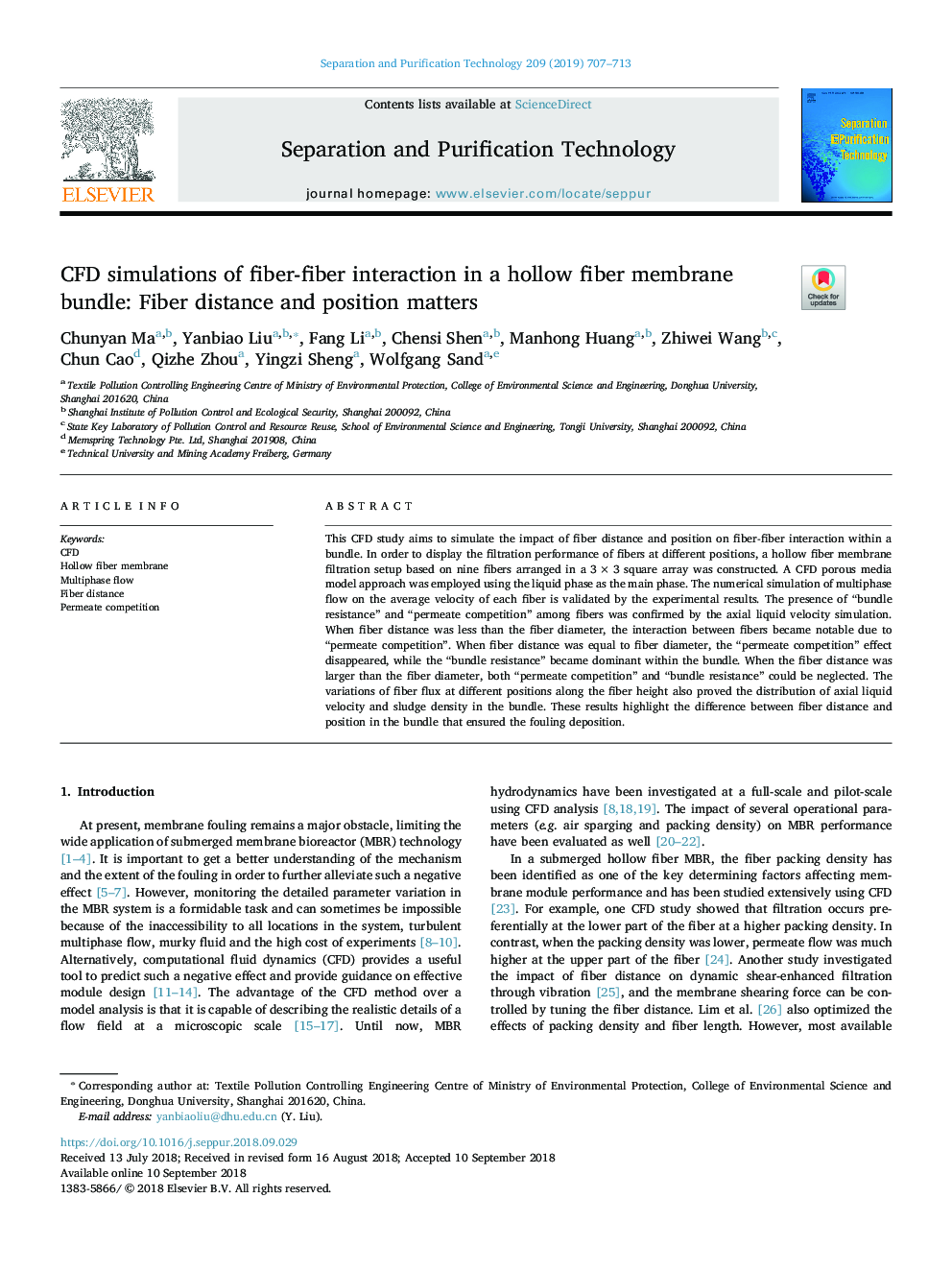 CFD simulations of fiber-fiber interaction in a hollow fiber membrane bundle: Fiber distance and position matters