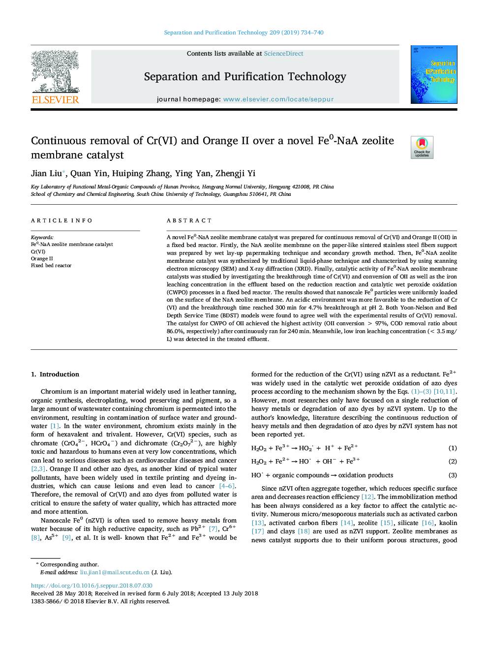 عکس صفحه اول مقاله: Continuous removal of Cr(VI) and Orange II over a novel Fe0-NaA zeolite membrane catalyst Continuous removal of Cr(VI) and Orange II over a novel Fe0-NaA zeolite membrane catalyst