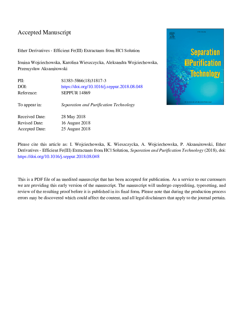 Ether derivatives - Efficient Fe(III) extractants from HCl solution