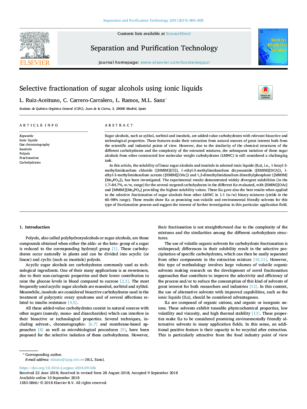 Selective fractionation of sugar alcohols using ionic liquids