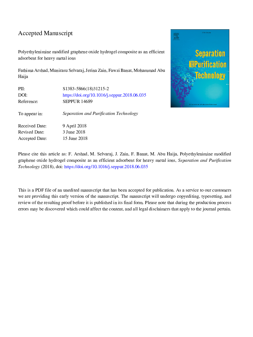 Polyethylenimine modified graphene oxide hydrogel composite as an efficient adsorbent for heavy metal ions