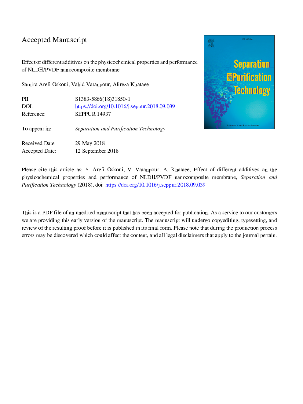 Effect of different additives on the physicochemical properties and performance of NLDH/PVDF nanocomposite membrane